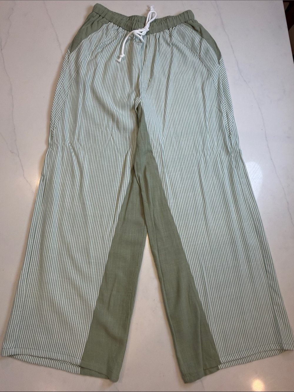 Light Sage Green Striped linen Drawstring Pants